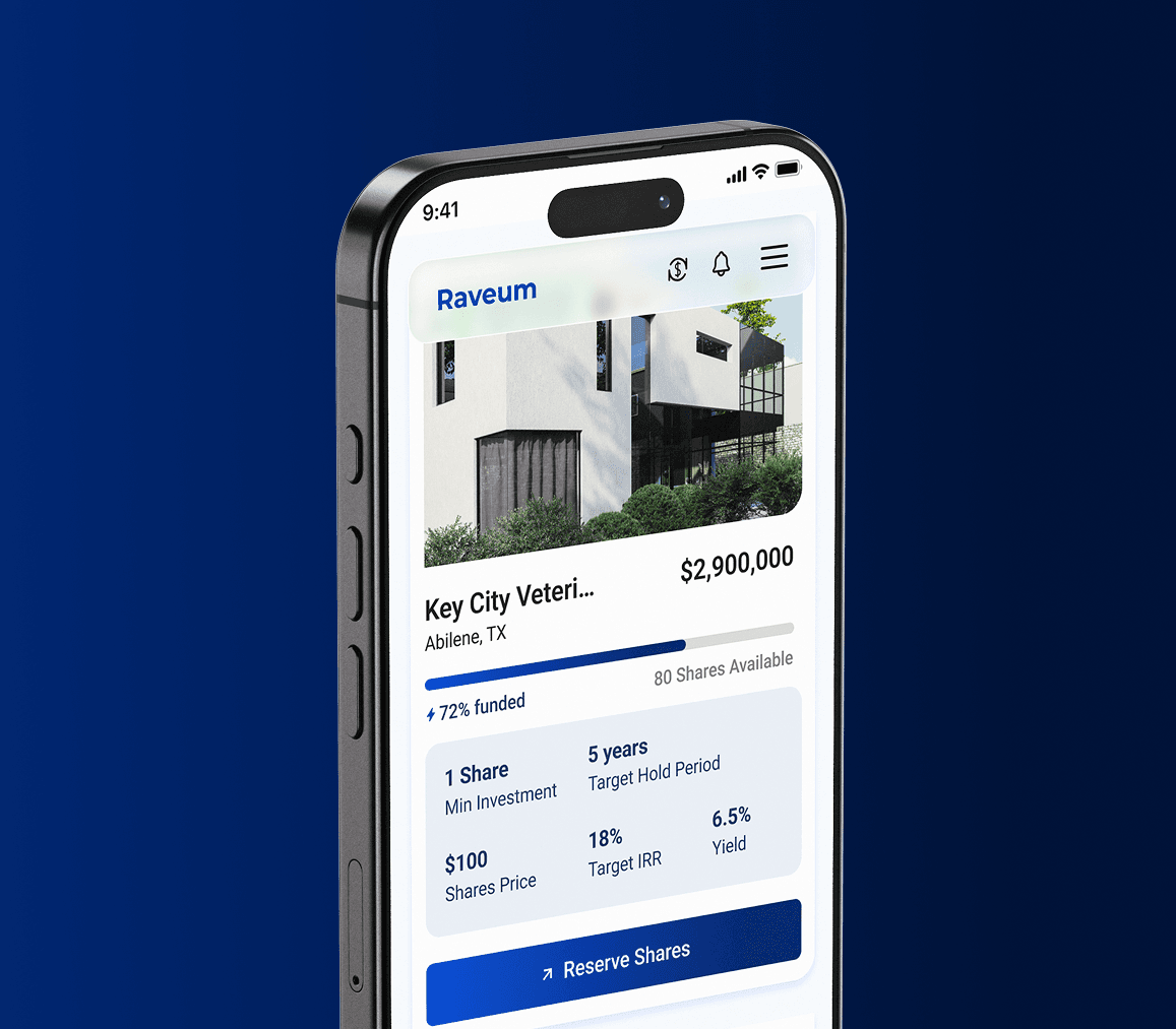 Raveum compliance and governance feature showing a mobile app interface with a vetted U.S. real estate investment backed by experienced operators