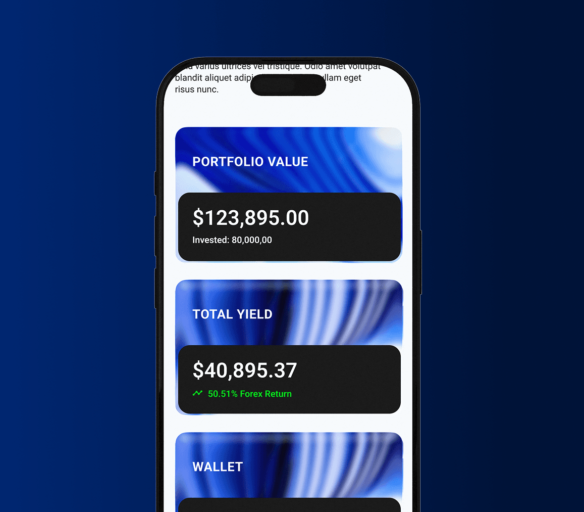 Raveum portfolio tracking feature showing a mobile app dashboard with portfolio value, total yield, and investment performance