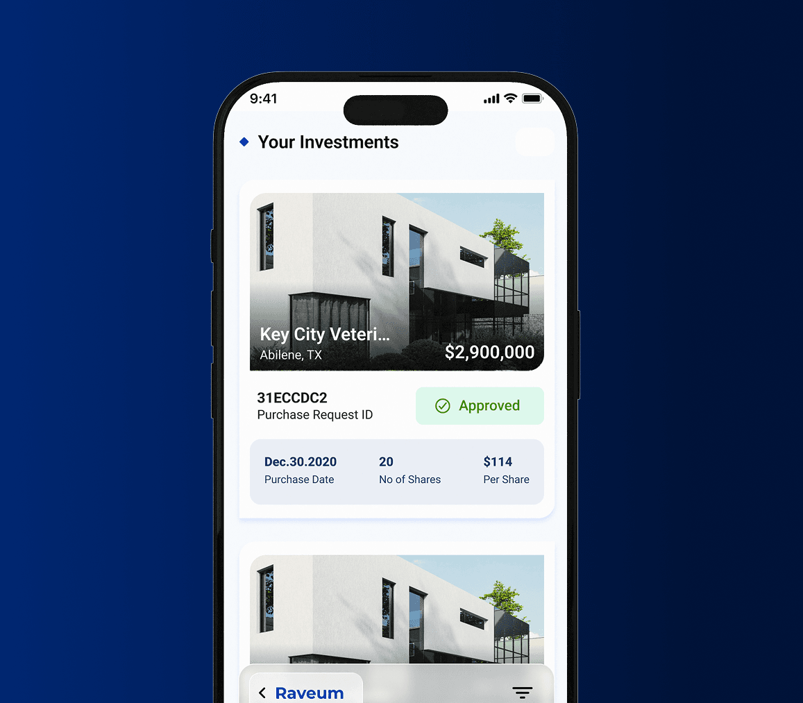 Raveum tax reporting feature showing a mobile app screen with approved U.S. real estate investments and detailed ownership records